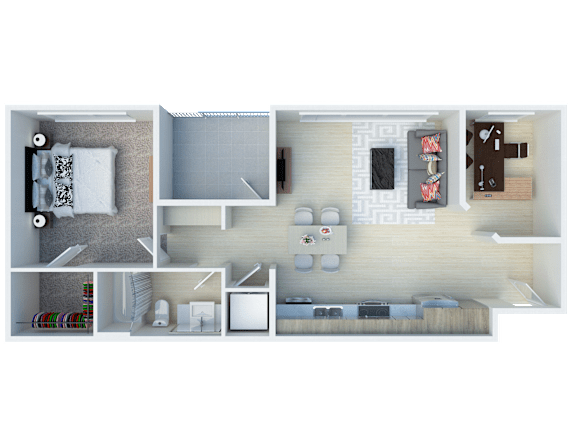 A floor plan of a small apartment with a kitchen, living room, and bedroom.