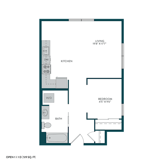 A floor plan of a 1 bedroom apartment with a living room, kitchen, bathroom and bedroom.