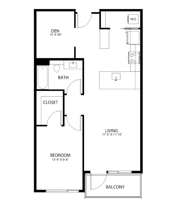 A floor plan of a small apartment with a den, bathroom, closet, living room, bedroom and balcony.