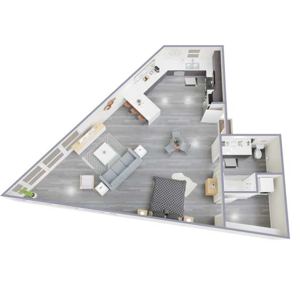 A 3D floor plan of a house with a kitchen, living room, and two bedrooms.