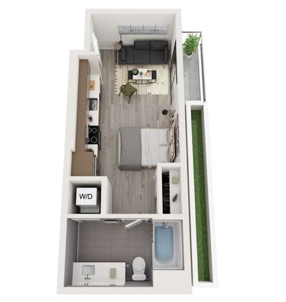 A floor plan of a small apartment with a living room, kitchen, and bathroom.