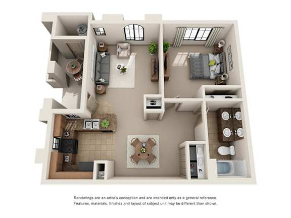 A 3D rendered image of a house layout.