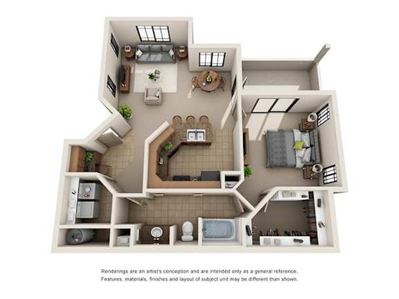 A floor plan of a house with a kitchen, living room, dining room, and bathrooms.