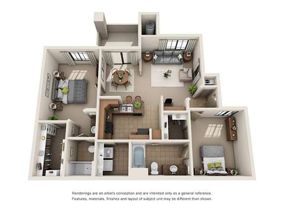 A 3D rendered image of a house layout.