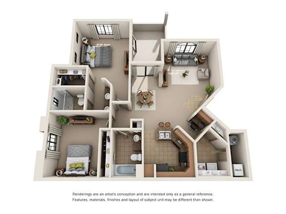A 3D rendered image of a house layout.