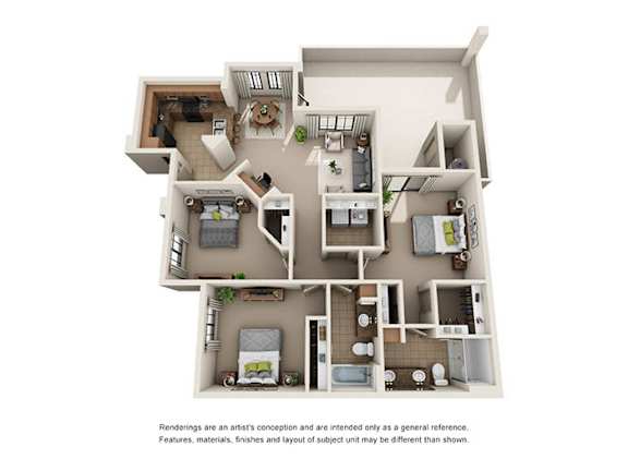 A 3D floor plan of a house with a kitchen, living room, and bedrooms.