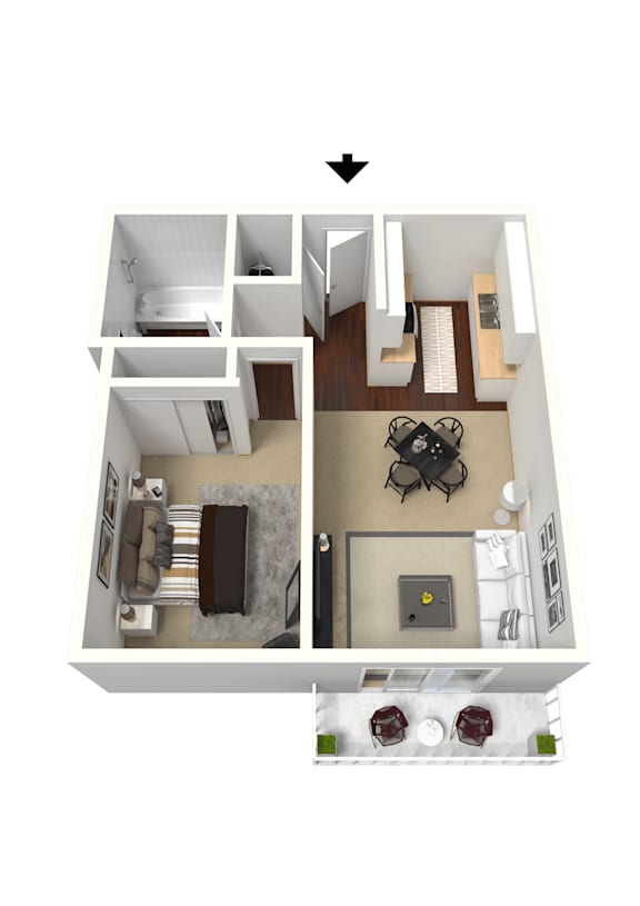 A top down view of a small apartment with a kitchen, living room and bedroom.