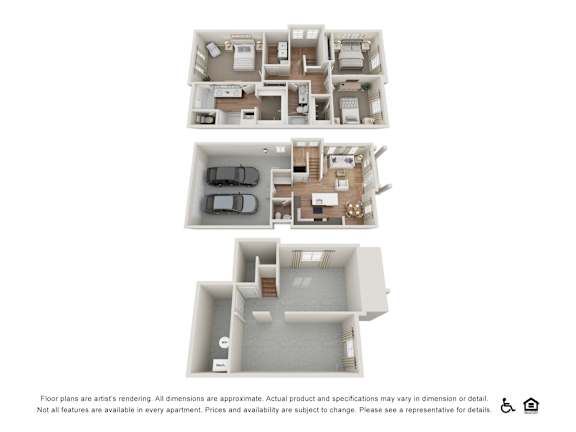 Three floor plans for an apartment are shown.