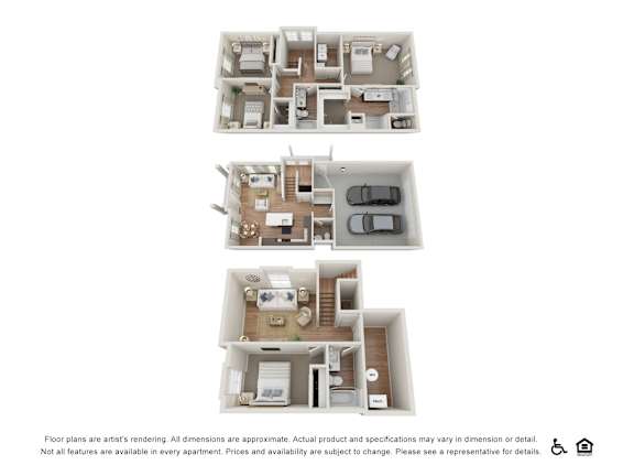 Three different floor plans for an apartment are shown.