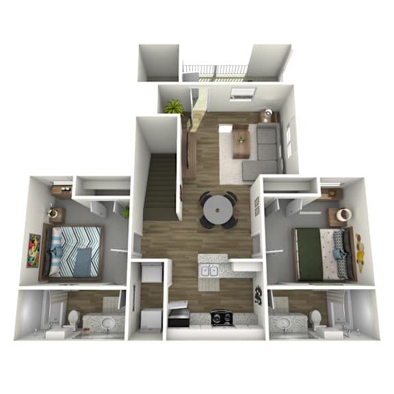 A 3D rendered image of a small apartment layout.