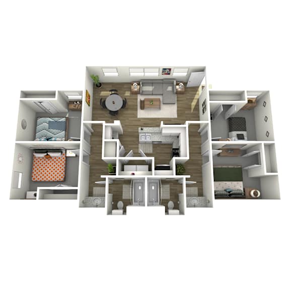 A 3D floor plan of a small apartment with a kitchen, living room, and bedroom.