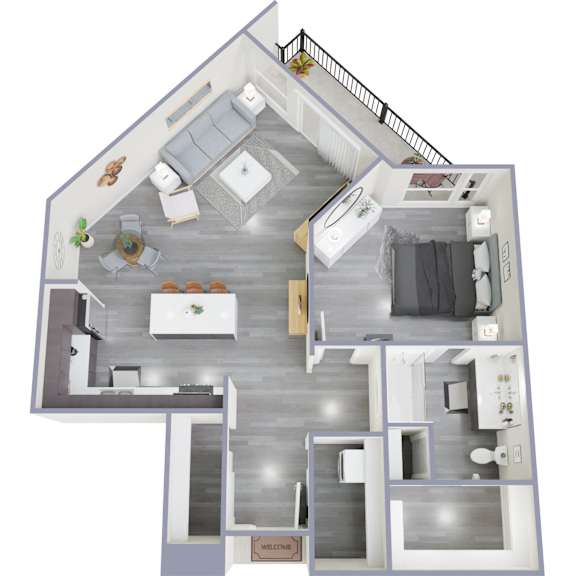 A top-down view of a house interior with a living room, kitchen, and bedrooms.