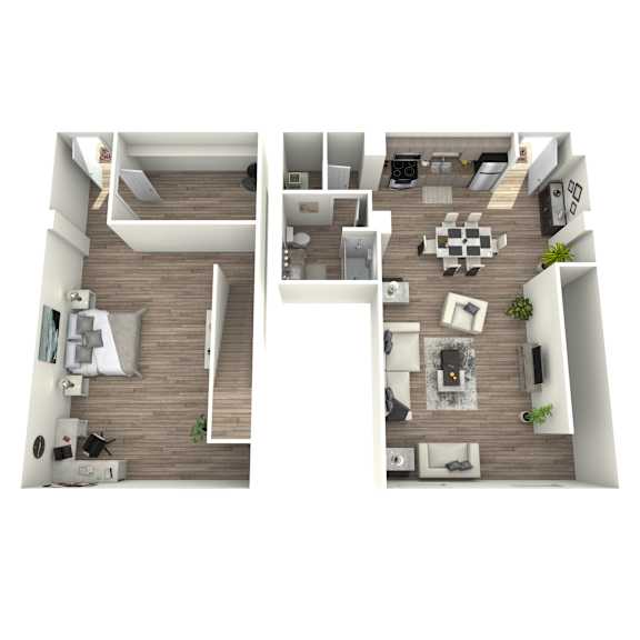 A top-down view of a modern apartment with one bedroom, a living room, and a kitchen.