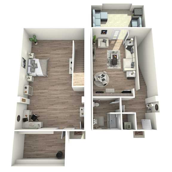 A top-down view of a modern apartment with one bedroom, a living room, and a kitchen.