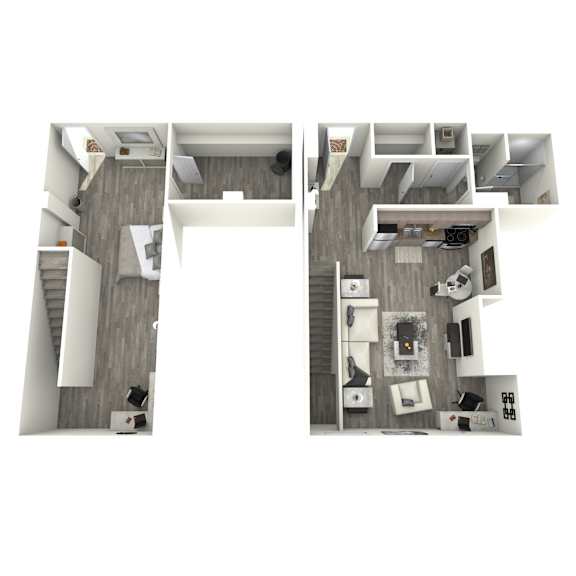A series of images showing different angles of a modern, one bedroom apartment.