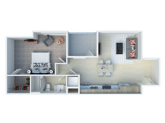 A 3D floor plan of a house with a living room, kitchen, and two bedrooms.