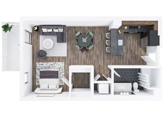 A white and wood themed room with a couch, chair, and a table.