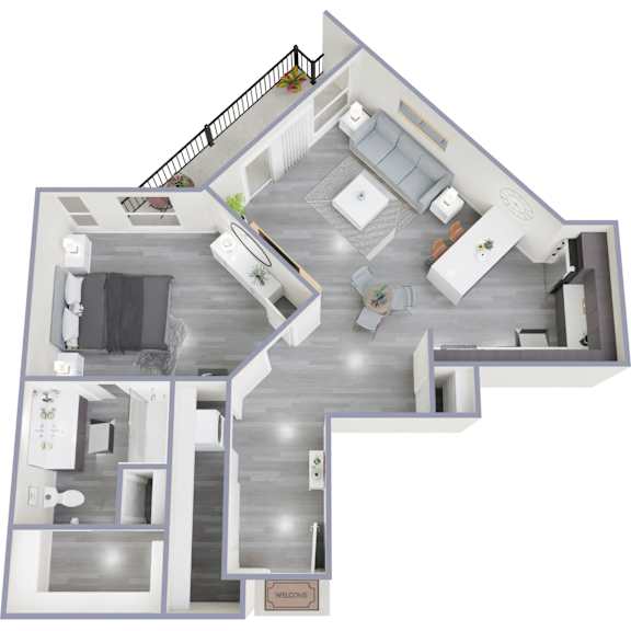 A 3D floor plan of a house with a living room, kitchen, and two bedrooms.