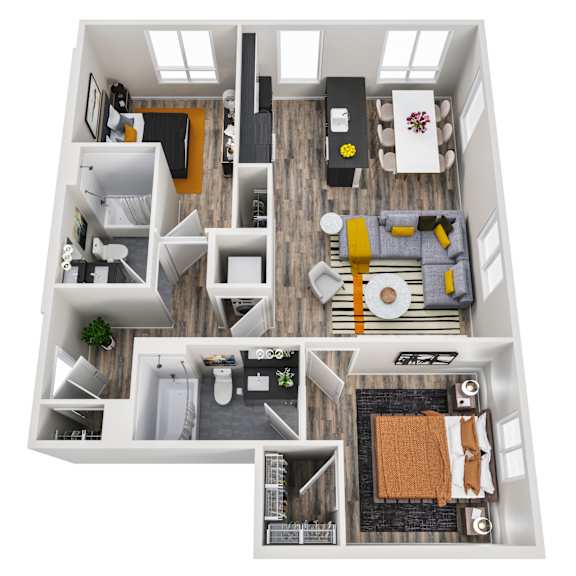 A top-down view of a modern apartment layout with a kitchen, living room, and bedrooms.