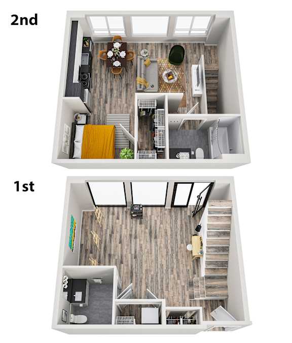 A top down view of a first and second floor apartment layout.