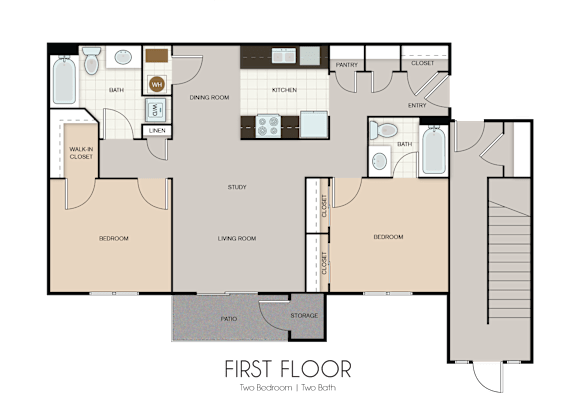 A floor plan of a house with two bedrooms, a study, and a bathroom.