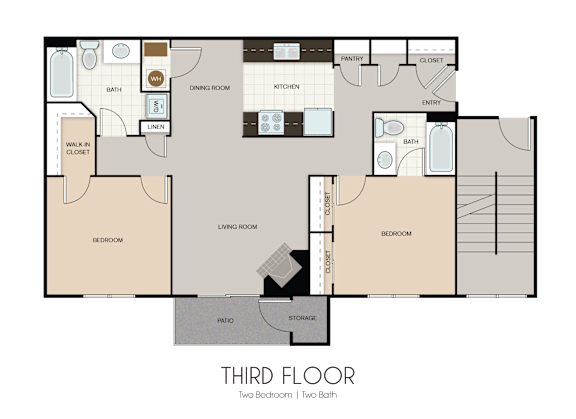 A floor plan of a third floor apartment with two bedrooms, two bathrooms, a living room, a kitchen, a dining room, a pantry, a linen closet, a walk-in closet, and a storage