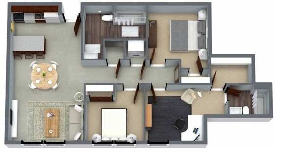 A 3D floor plan of a house with a kitchen, living room, and bedrooms.