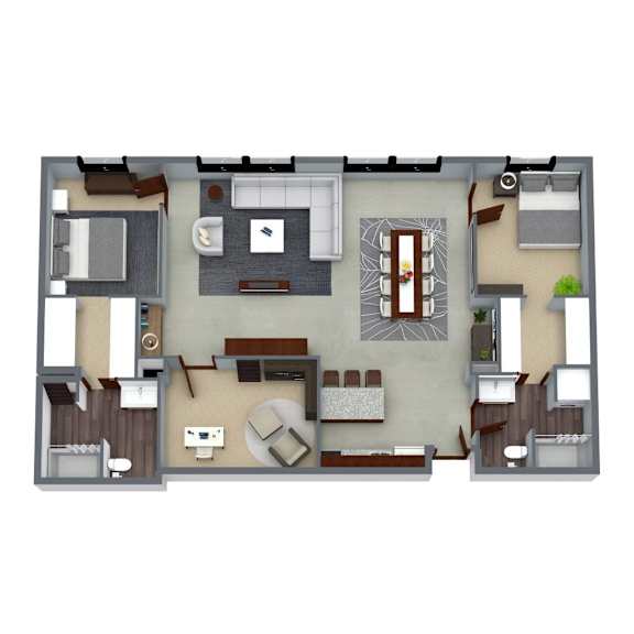 A top-down view of a house layout with a kitchen, living room, and bedrooms.