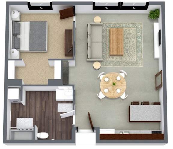 A top-down view of a living room with a dining area and kitchen.