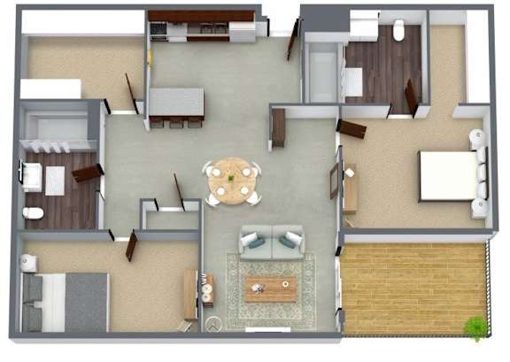 A top-down view of a house interior with a dining area, living room, kitchen, and a small garden.