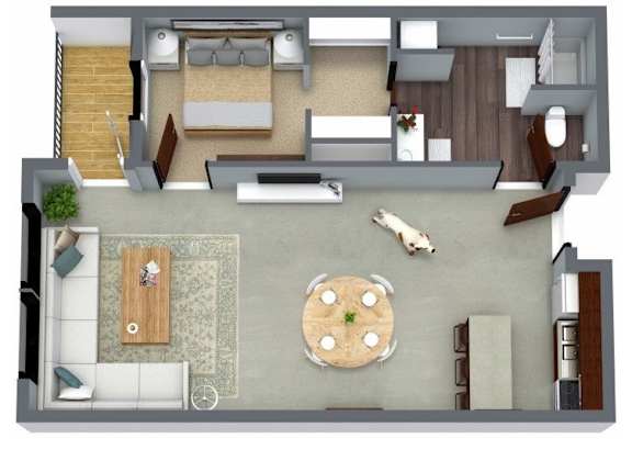A top-down view of a living room with a couch, coffee table, and a dog.