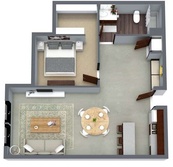 A top-down view of a living room with a couch, coffee table, and television.