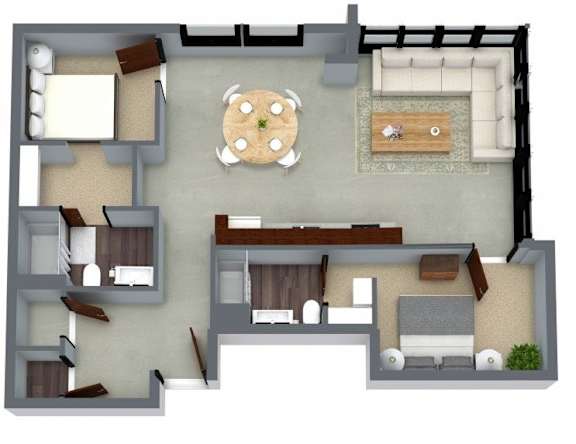 A top-down view of a living room with a couch, coffee table, and dining table.