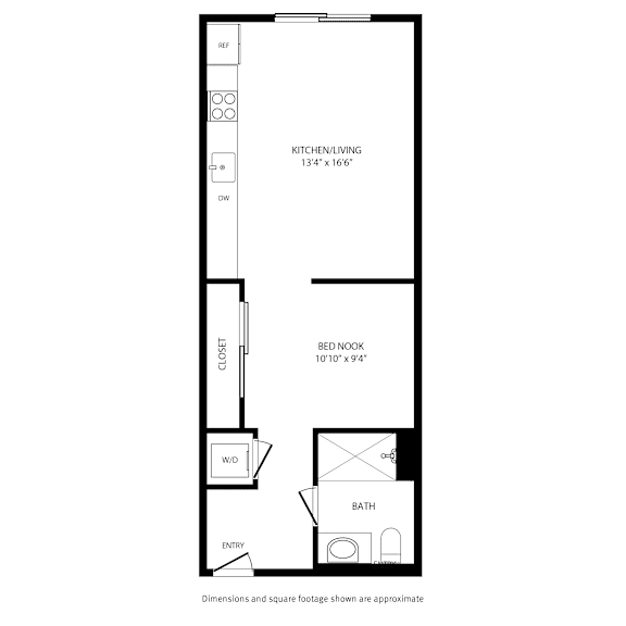A floor plan of a small apartment with a kitchen, bedroom, and bathroom.