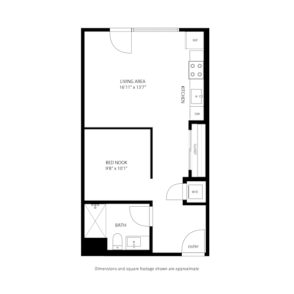 A floor plan of a small apartment with a living area, bed nook, bath, and entry.