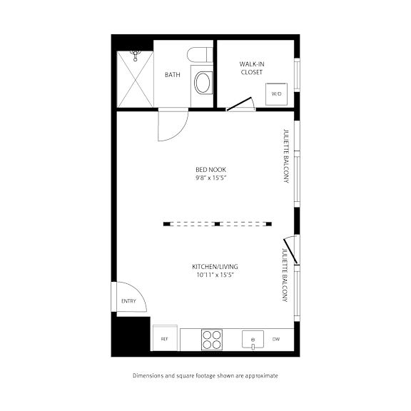 A floor plan of a small apartment with a bathroom, kitchen, and living room.