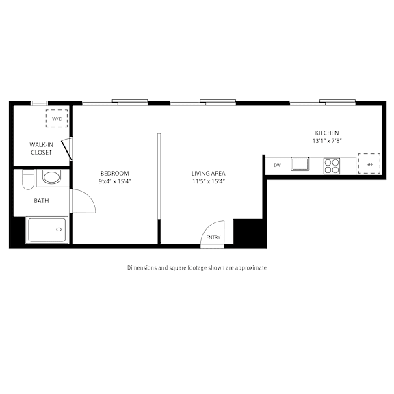 A floor plan of a house with a bedroom, bathroom, living area, and kitchen.