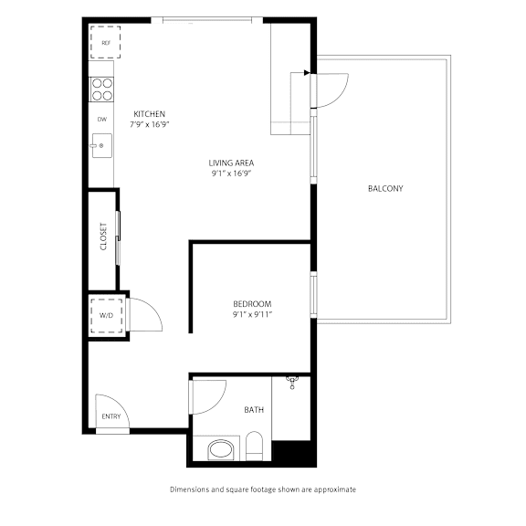 A floor plan of a small apartment with a kitchen, living area, bedroom, bathroom, and balcony.