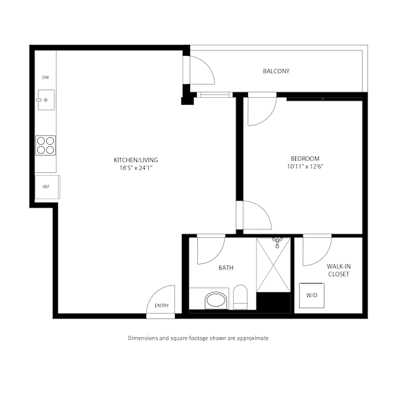 A black and white floor plan of a small apartment with a kitchen, living room, bedroom, bathroom, and walk-in closet.