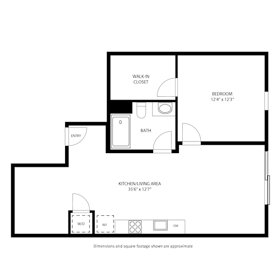 A floor plan of a small apartment with a kitchen, bathroom, and bedroom.