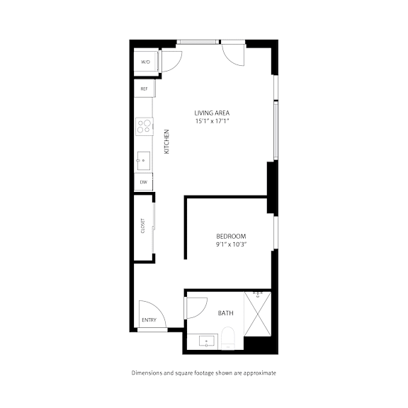A floor plan of a small apartment with a kitchen, bathroom, and bedroom.