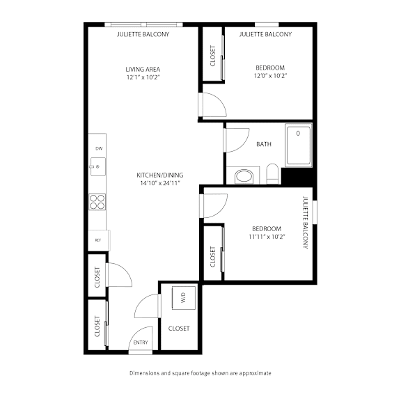 A black and white image of a floor plan for a Juliette Balcony apartment.