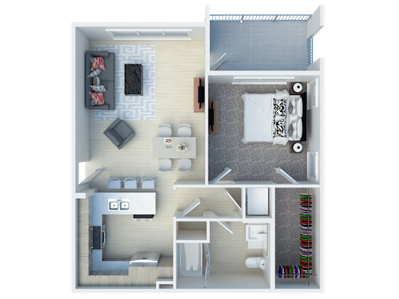 A top-down view of a small apartment layout with a kitchen, living room, and bathroom.
