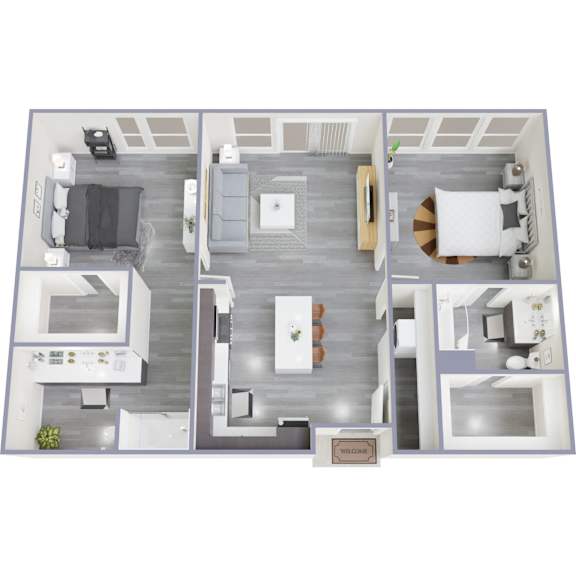 A top-down view of a modern apartment layout with a living room, kitchen, dining area, and bedrooms.