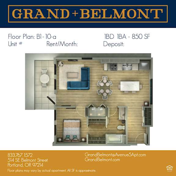 A floor plan for a Grand Belmont apartment is displayed.