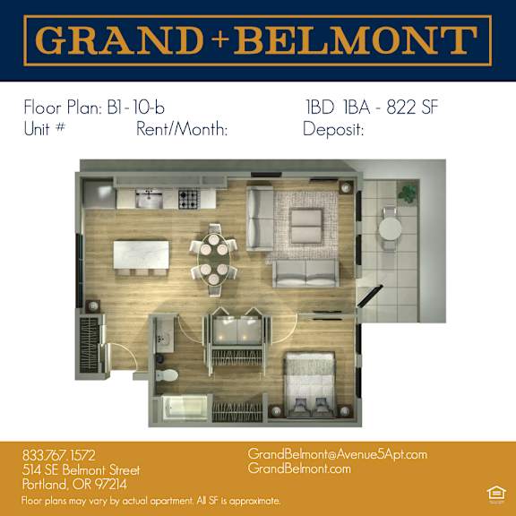 A floor plan for an apartment at Grand + Belmont showing a living room, kitchen, and two bedrooms.