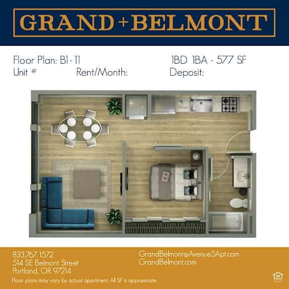 A floor plan for a Grand Belmont apartment shows a living room with a sofa and a kitchen area with a sink and stove.