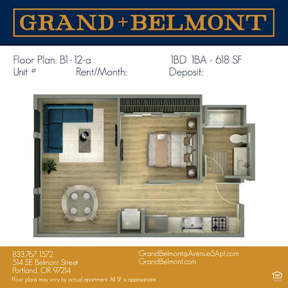 A floor plan for an apartment at Grand + Belmont showing a bedroom, living room, and kitchen area.