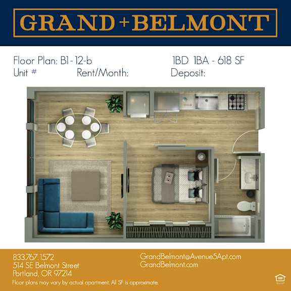Apartment floor plan for Grand Belmont apartments.
