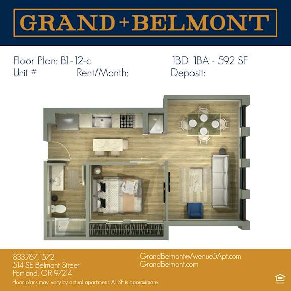 A floor plan for a Grand Belmont apartment showing a bedroom, living room, and kitchen.